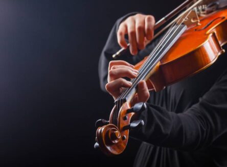 close up of musician's hands playing a violin